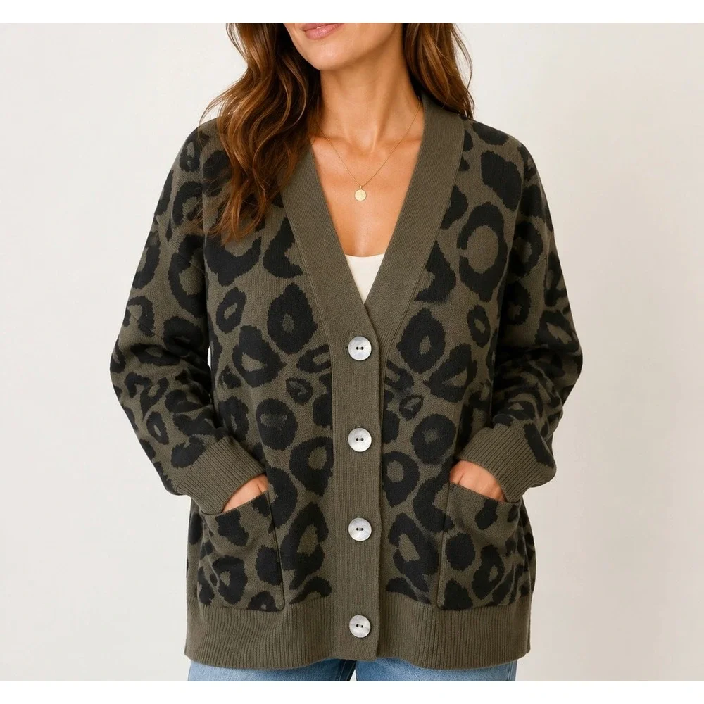 Shannon Passero Cardigan Sweater Leopard Print Olive‎ Green Black One size